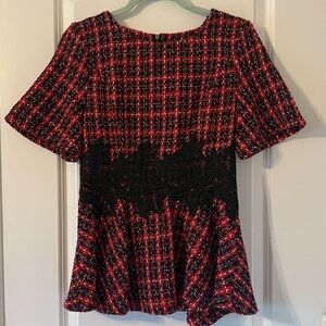 Gracia Red and Black Plaid Blouse with Lace Detail, size M, EUC!